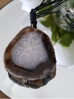 Genuine Large Agate Stone Pendant on Black Leather NWT
